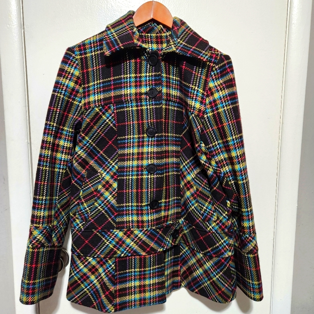 Vintage 90s Rainbow Plaid Button-up Fall Peacoat by Maria D Large